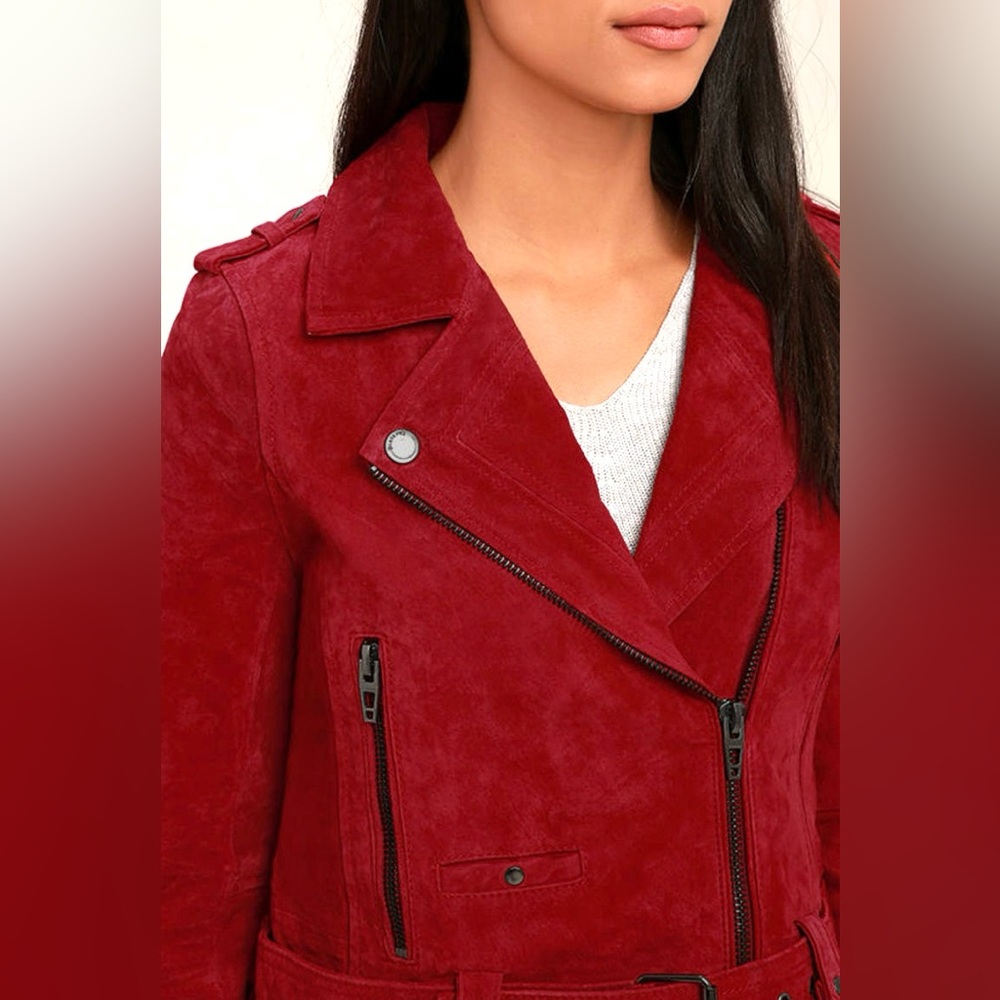 Blank NYC $198 Women’s Backhanded Red Suede Leather Moto Jacket Size S NWT - Picture 6 of 9
